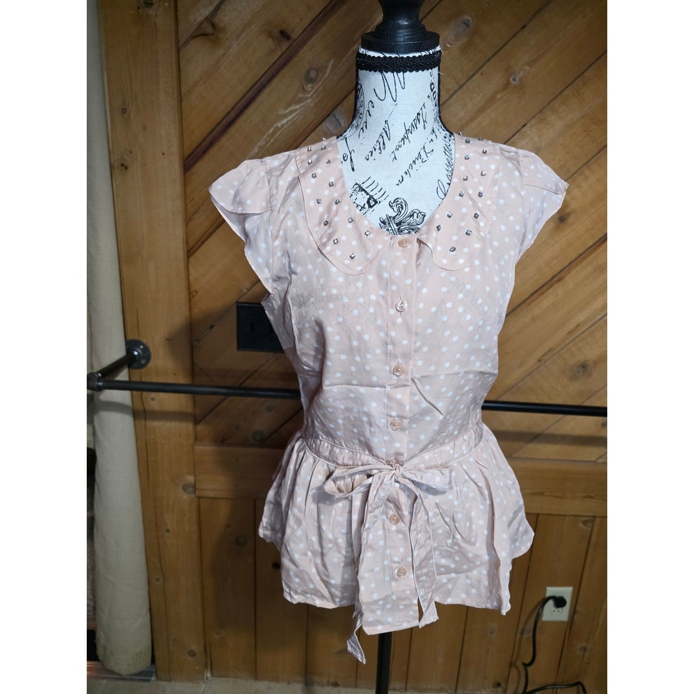 Lauren Conrad Polka Dot‎ Peplum Blouse Pink Studded Peter Pan Collar NWT Small